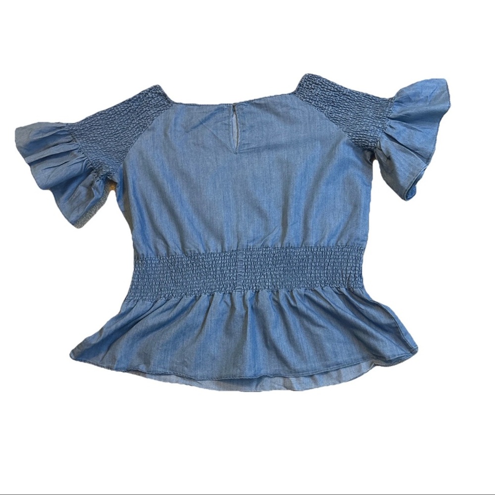 Ashley Stewart Smocked Peplum Stonewash Jean Blouse Flare Sleeve Fairy SZ 18/20 - Picture 9 of 16